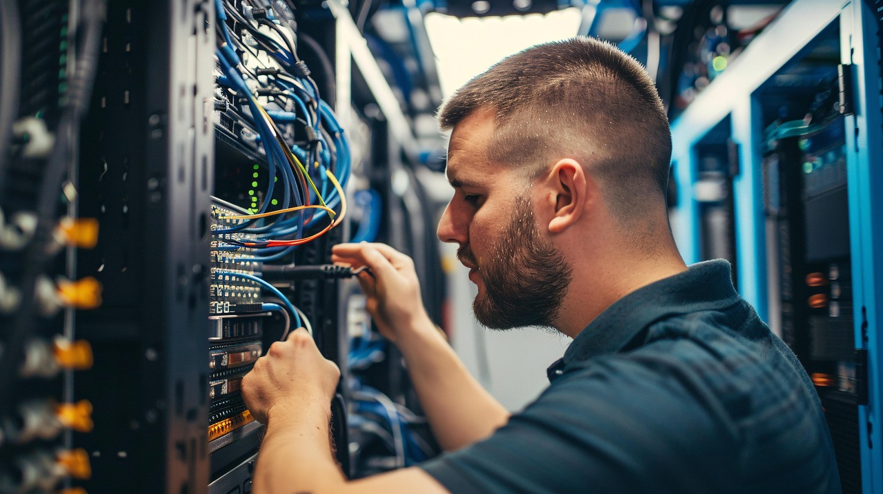 IT technician working on network cabling in a server rack